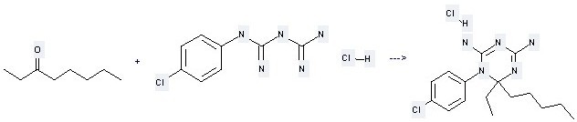 octan-3-one and Imidodicarbonimidicdiamide, N-(4-chlorophenyl)-, hydrochloride (1:1) can be used to produce 1-(4-chloro-phenyl)-6-ethyl-6-pentyl-1,6-dihydro-[1,3,5]triazine-2,4-diamine; hydrochloride